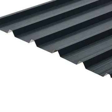 A close-up view of a black roof cladding sheet with a ribbed texture.