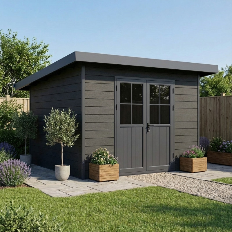 Gray garden shed with plants and a clear sky