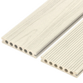Two beige composite decking boards on a white background