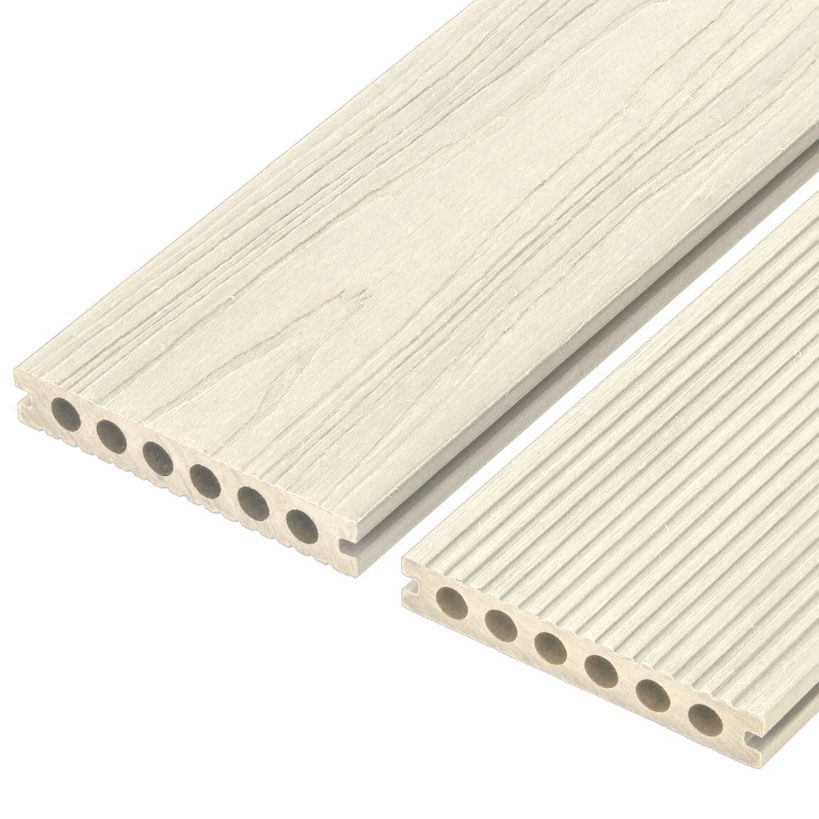 Two beige composite decking boards on a white background